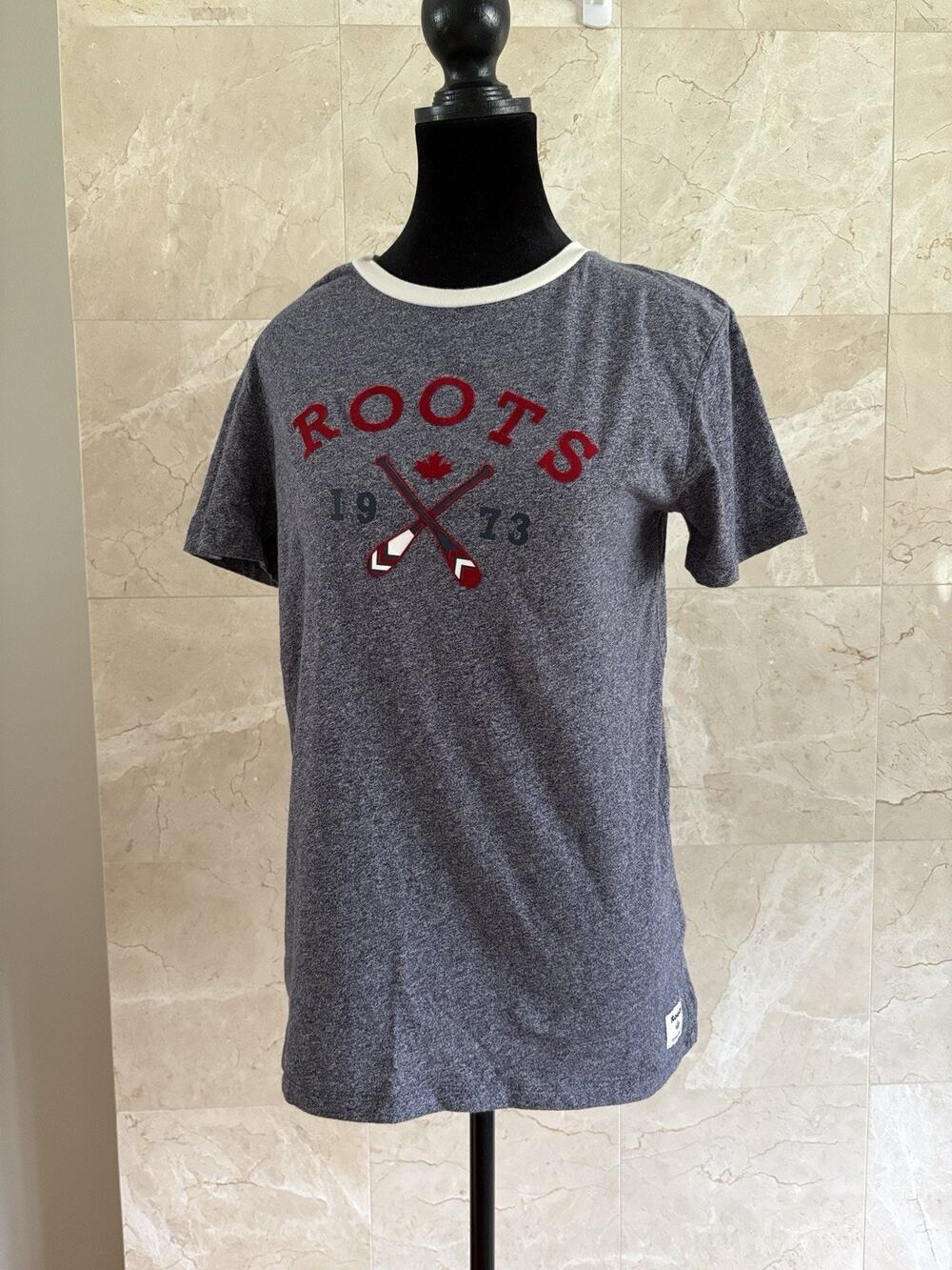 Roots Canada Graphic Ringer T-Shirt — Small Heathered Blue White Trim Retro Logo